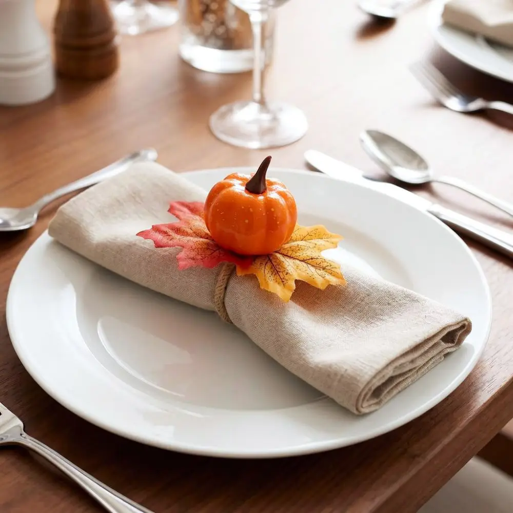 Autumn Pumpkin Napkin Rings Thanksgiving Table Decoration Realistic Maple Leaf Ornament Serviette Holder For Party