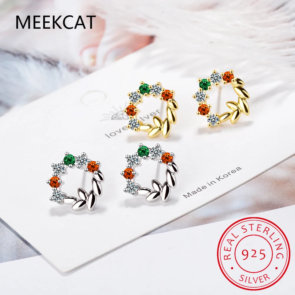 Green Simulated Nano Emerald Created Red Ruby 925 Sterling Silver Leaves Stud Earrings for Women Gemstone Jewelry Pendientes
