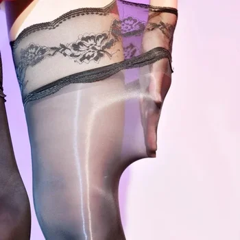 8D Öl Glänzende Seide Transparent Medias Frauen Sexy Spitze Top Silikon Oberschenkel Hohe Strümpfe Elastische Nylon Socken