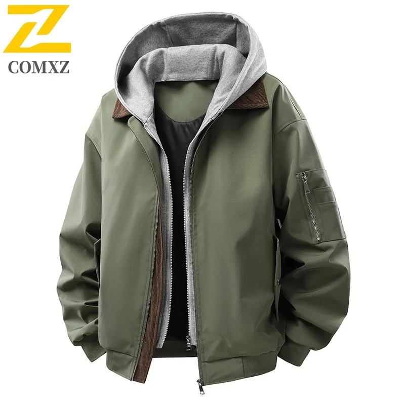 

COMXZ 2025 Men Fake Two Piece Hooded Loose Color Block Notch Collar Lightweight Couple Workwear Outdoor Casual Windproof Jacket
