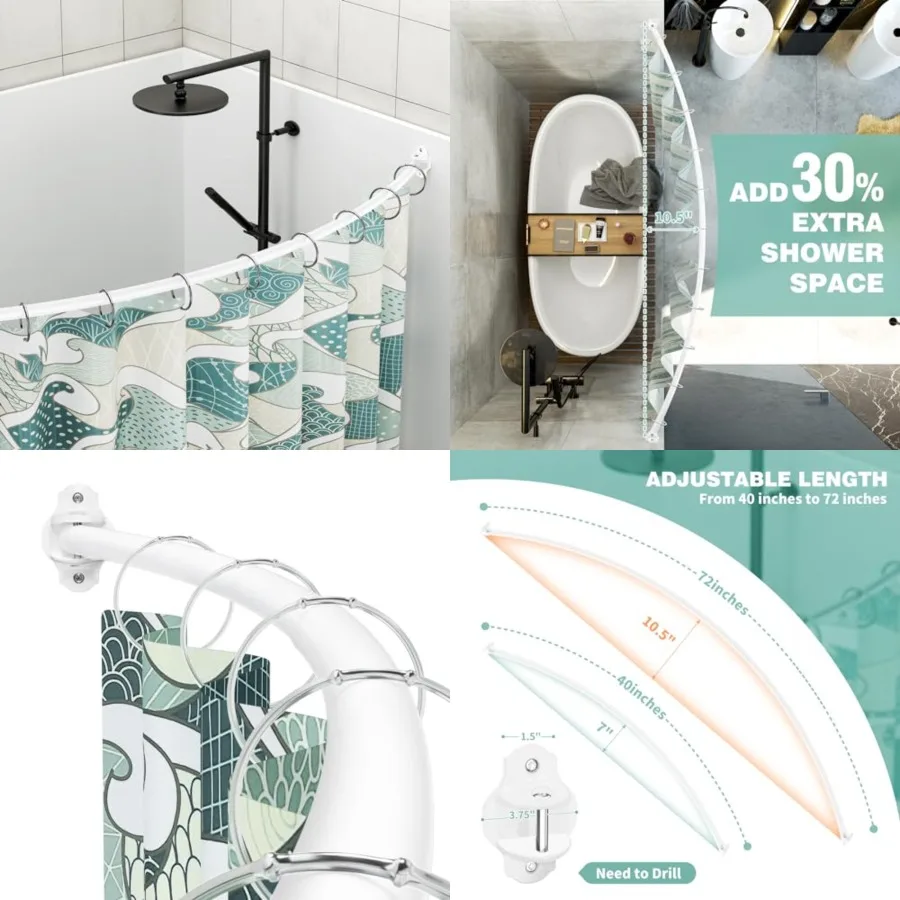 

Curved Shower Curta Rod, Adjustable Extra Wide Curved Shower Rods for Bathroom, Staless Steel Round Shower Curta Rod for Bathtu