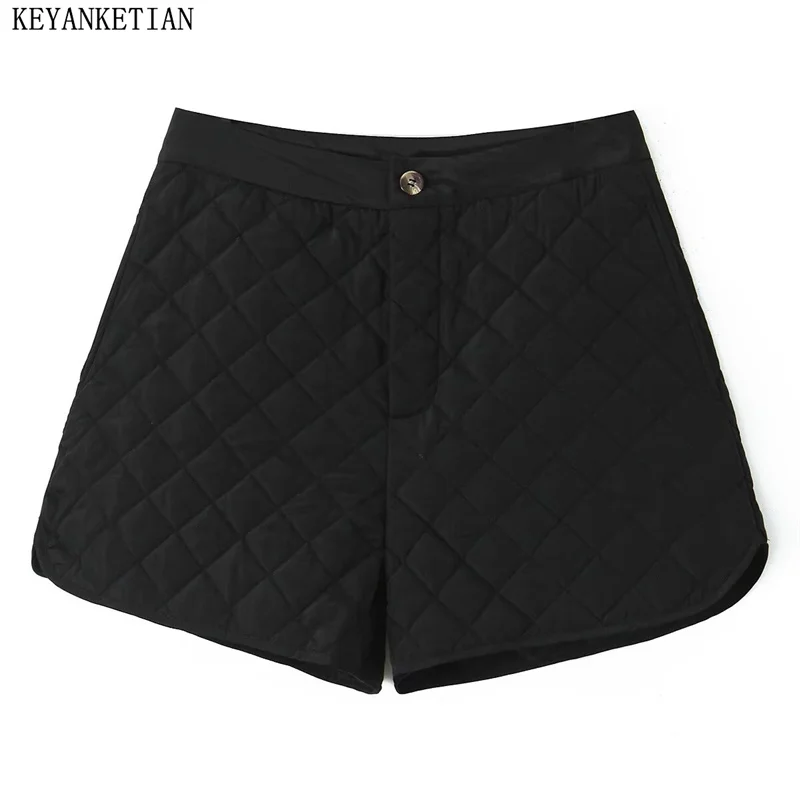 KEYANKETIAN 2024 Autumn/Winter New Women's Cotton-Padded Trousers High Street Zipper High waist Black Pockets Straight-leg Short