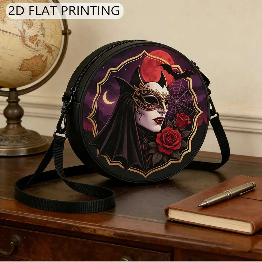 Vampire Masquerade Night Print Round Women Shoulder Bag, leisure crossbody purse, 2D flat, retractable strap, practical gift