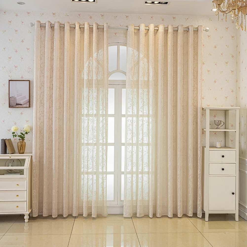 1PC Beige Jacquard Gauze Curtain for Living Room Balcony Flower Pattern Transparent Fabric French Rural Style Home Decoration