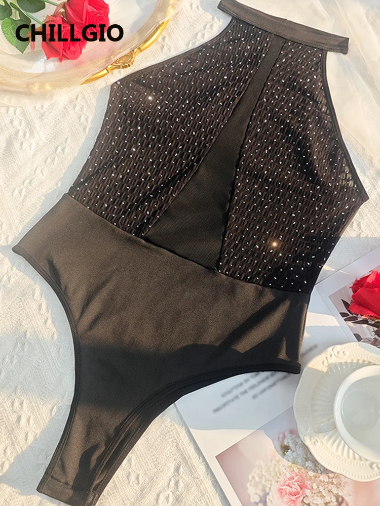 

CHILLGIO женские блестящие сетчатые комбинезоны без рукавов с бриллиантами, нижнее белье, тонкие боди, модные сексуальные облегающие цельные комбинированные комбинезоны