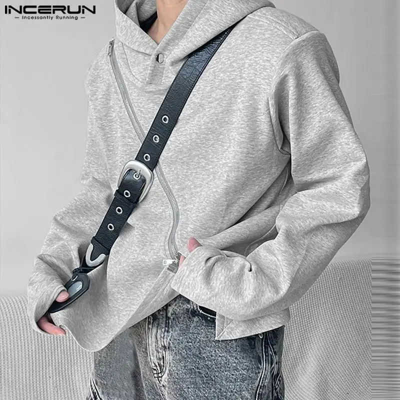 INCERUN Tops 2023 Korean Style Mens Irregular Diagonal Zipper Design Hoodie Leisure Male Solid Hooded Long Sleeved Sweater S-5XL