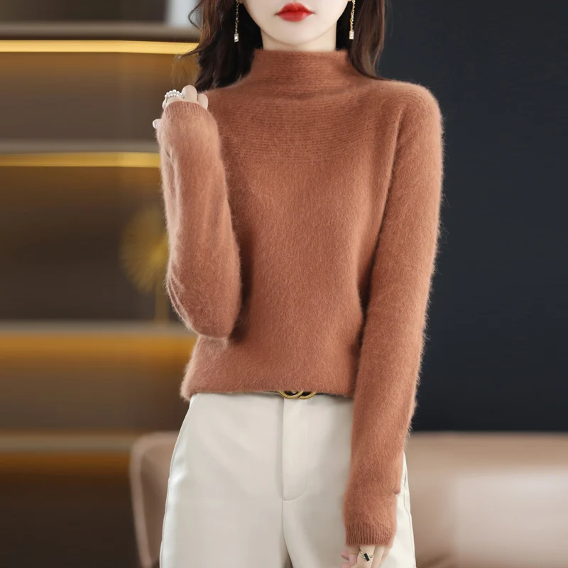 Autumn and Winter New Women\'s 100% Mink Cashmere Sweater High Neck Knitted Pullover Casual Loose Large Basic Fashion Top