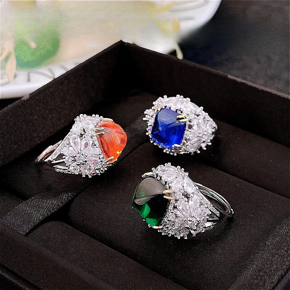 925 sterling silver green diamond sugar tower ring for women. Full diamond royal blue Fendahl gemstone ring.