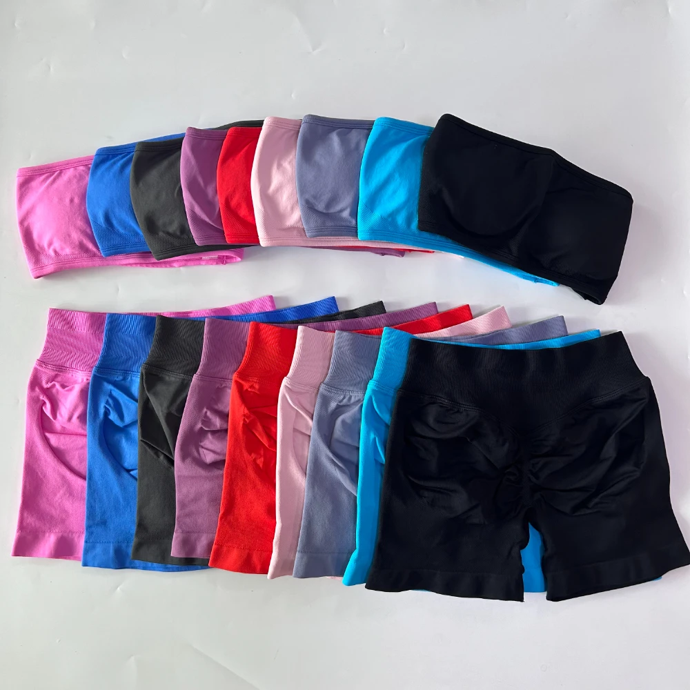 

No Logo Women 2 Pieces Yoga Set Backless Bandeau Sports Bra Scrunch Shorts Yoga Clothing Gym Set Workout Clothes Outfits Sets