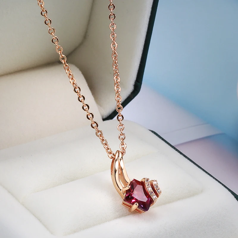 SYOUJYO Trendy Square Garnet Red Natural Zircon Necklace for Women 585 Rose Gold Color Pendant Necklace Crystal Flower