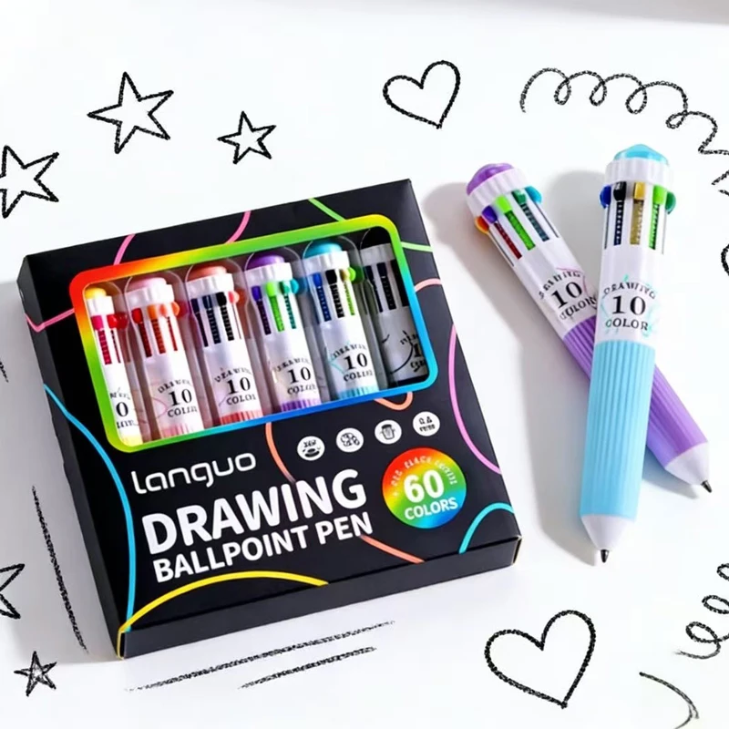 

Набор из 6 разноцветных ручек, 10-60 цветов, цветная шариковая ручка 10-в-1, толщина письма 0,8 мм, выдвижные шариковые ручки, офисные принадлежности