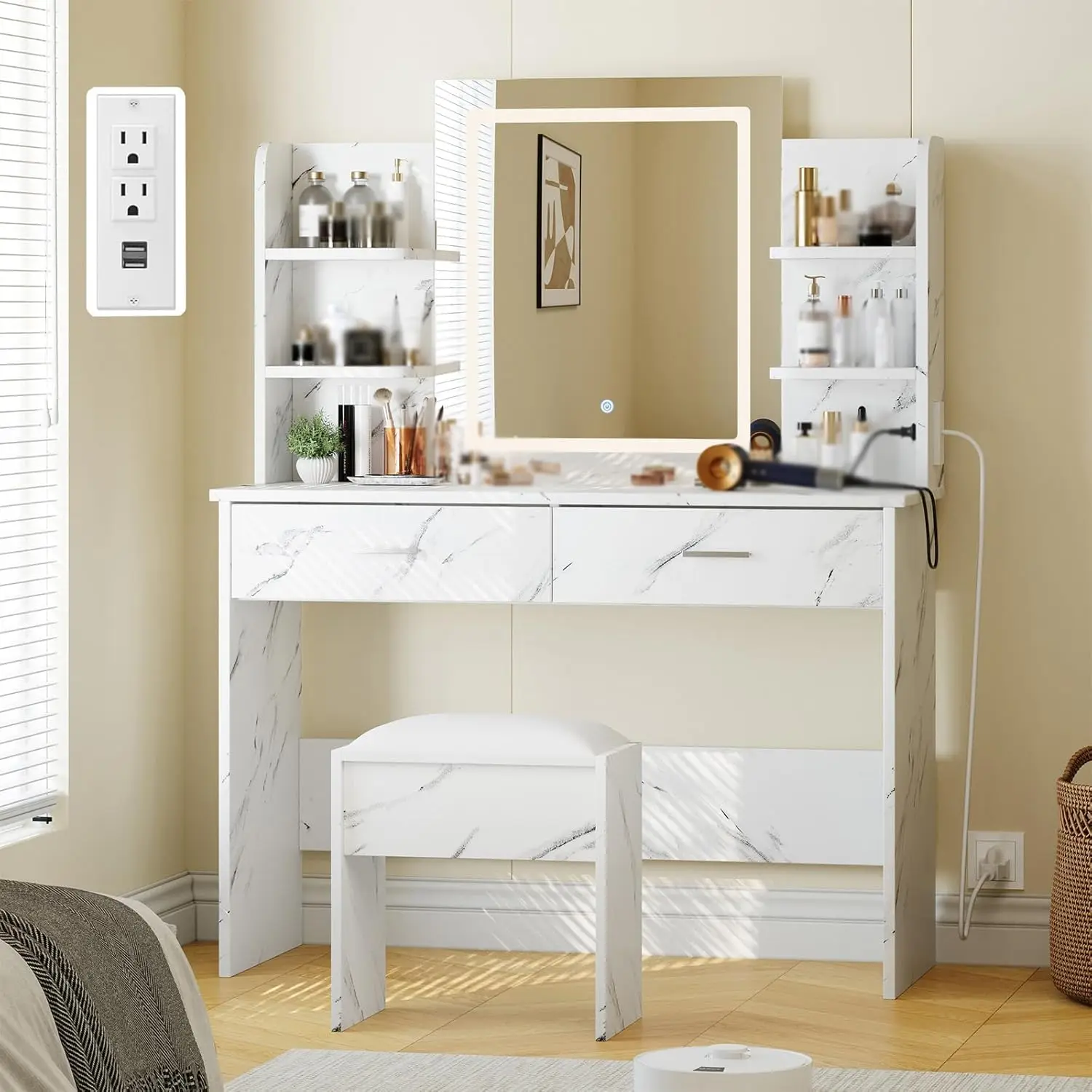 i*-Vanity Desk with Mirror and Lights, Makeup Vanity Set w/Desk and Stool, Power Outlet, Makeup Vanity Desk with 6, Customized