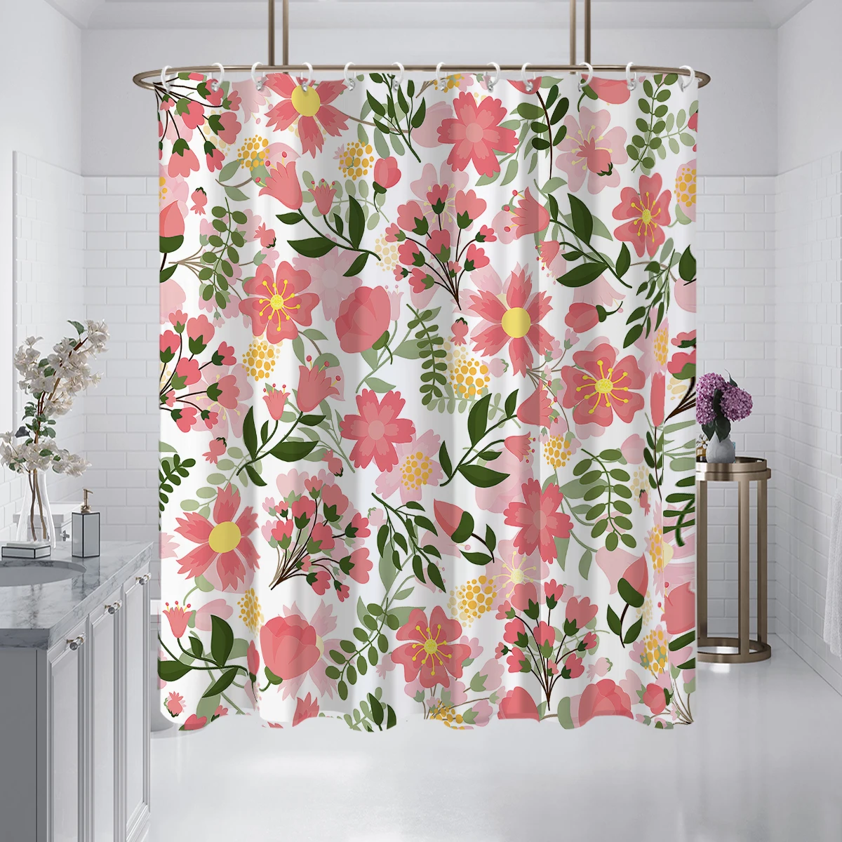 1 piece of 180x180cm pink fresh floral print shower curtain, partition bathroom waterproof and mold resistant home decoration