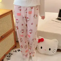 Sanrio Hello Kitty Flannel Pyjama Trouser Cartoon Kitty Cat Casual Warm Home Pants Coral Velvet Lazy Pajamas Household Clothes