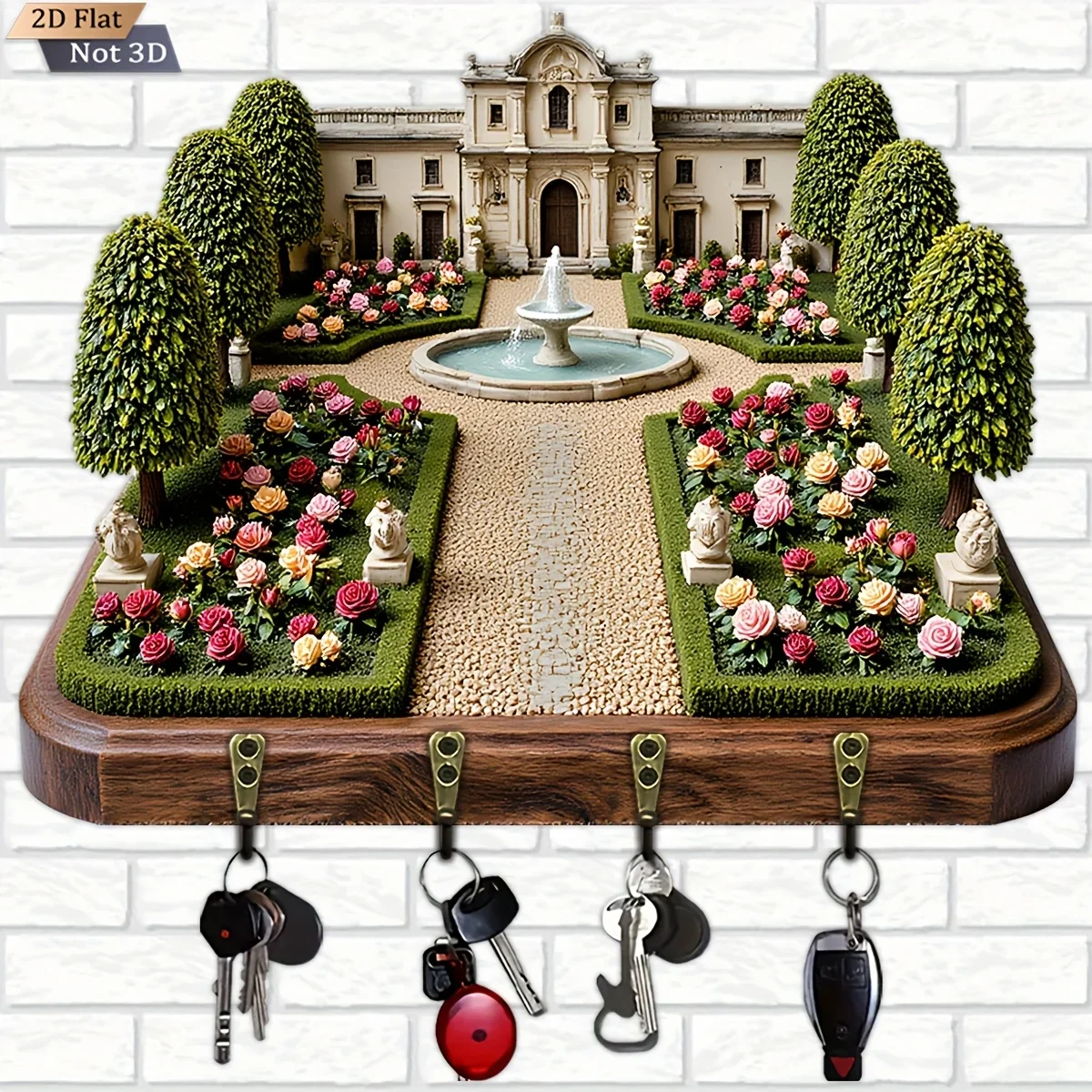 2D Flat, 1pc, European Manor Rose Fountain Key Hook Wooden Multifunctional Home Key Rack, with four metal hooks, wall