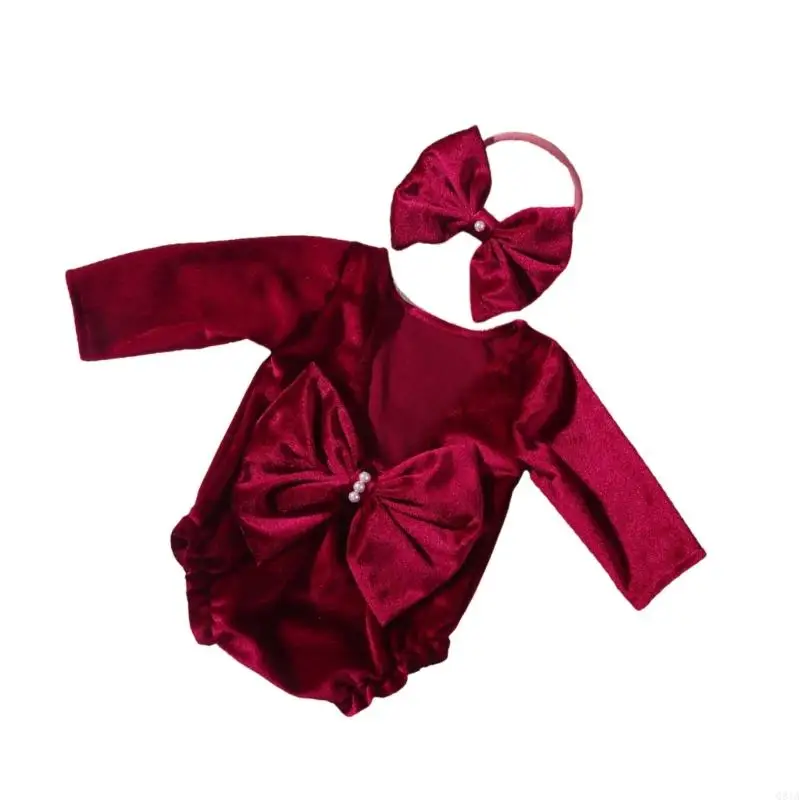 Q81A 벨벳 복장 베이비 롬 퍼 아기 사진을위한 헤드 라본 보우 노트 의류
