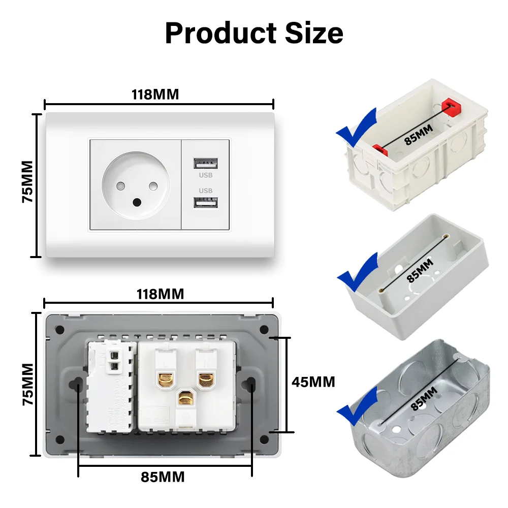 EIOMR-enchufe de corriente estándar de Israel con carga rápida USB-A USB-C, interruptor, Panel de PC ignífugo curvo, toma de corriente de pared