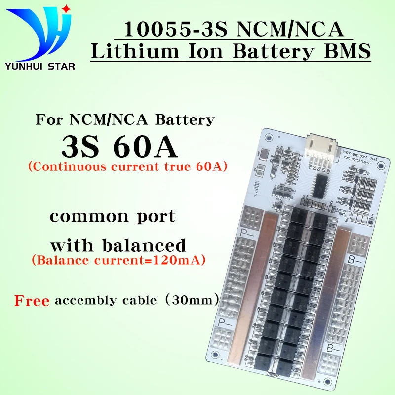 YUNHUI STAR 3S 12V BMS 60A Lithium Battery Protection Board with Auto Balancing Function Short-Circuit Protection and free cable