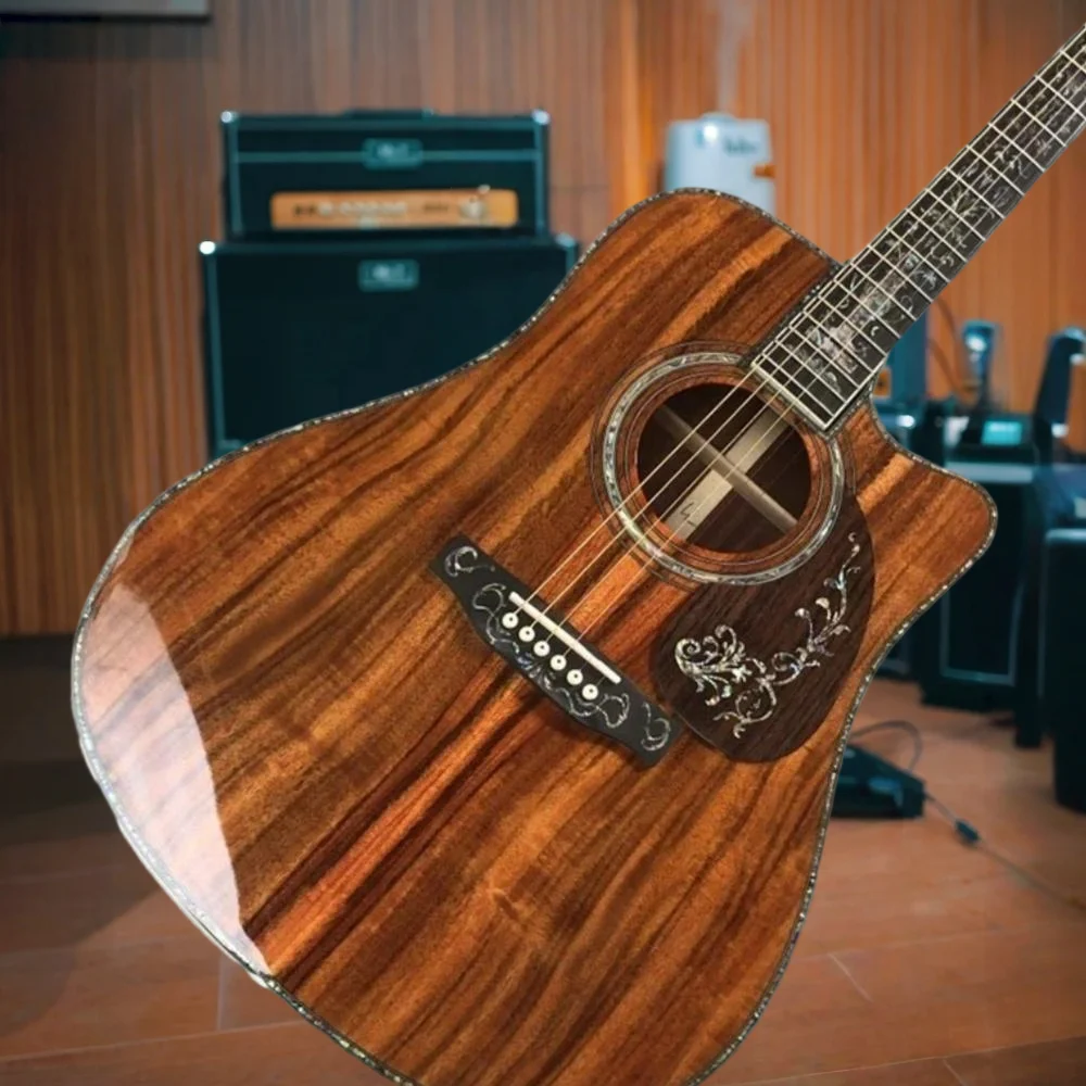 Luxury Koa Cutaway Grand Floral Vase Inlay D45  Acoustic Guitar  Pickup Included Spruce Solid Top 41 Inch Lock Sound Stable Gift