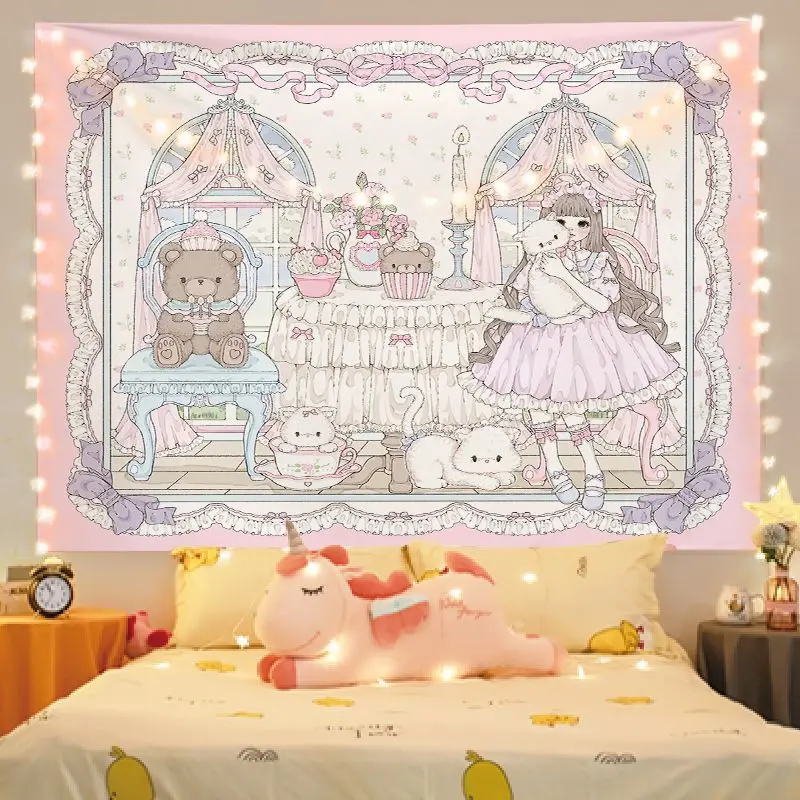 VIKAMA Lolita Girl Afternoon Tea Tapestry Wall Art for Bedroom Living Room Decoration Lace Window Bear Cat Dress Cartoon Warm
