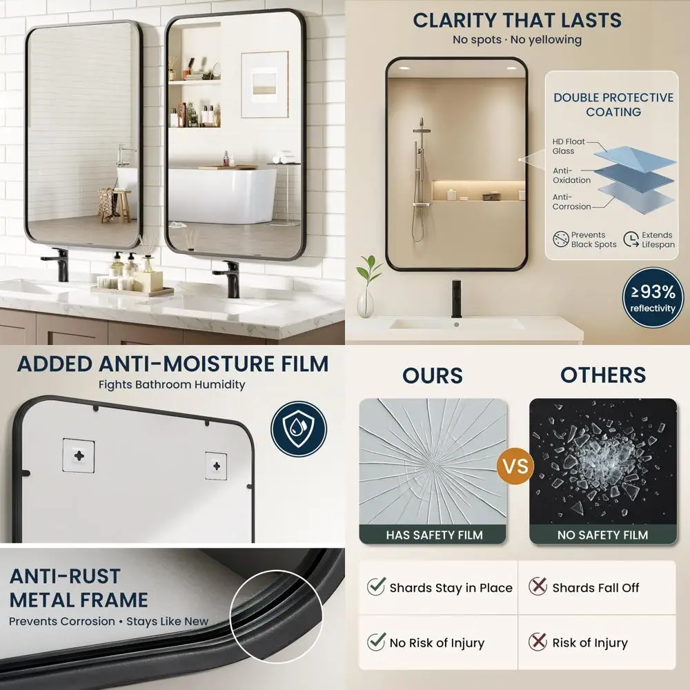 

Прямоугольные матовые черные зеркала для ванной комнаты 24x36 дюймов - настенные зеркала для туалетного столика над раковиной со стеклом высокой четкости и нержавеющей способностью.