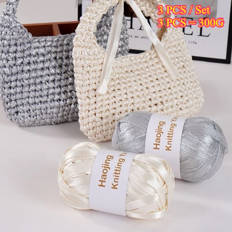 3PCS 300g Shiny Satin Ribbon Yarn Soft Flat Crochet Knitting Yarn for DIY Bag Basket Hat Home Handmade Project Glossy Silky Yarn