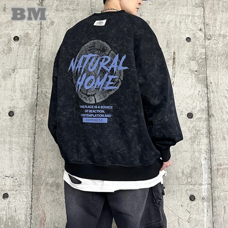 Plus Size Men'S Clothing American Hip Hop Foam Print Crew Sweatshirt Korean Streetwear Sports Pullover Trendy Oversize Tops