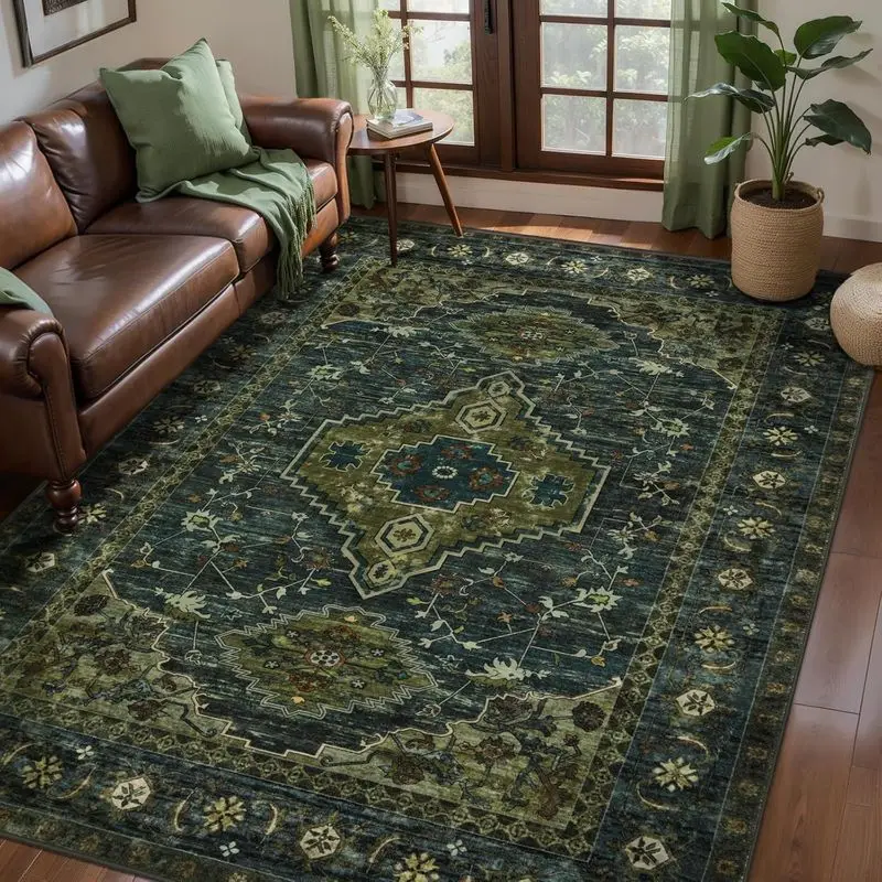 VIKAMA Living Room Area Rug Vintage Oriental Pattern Print Crystal Velvet Carpet For Home Floor Decor