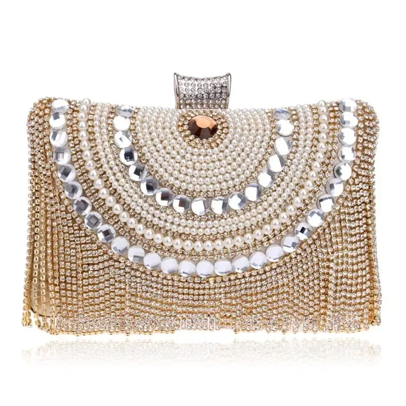 Gold Pearl Rhinestone Evening Clutch Bag Women Luxury Crystal Tassel Blingbling Night Party Purse Wedding Bridal Handbag
