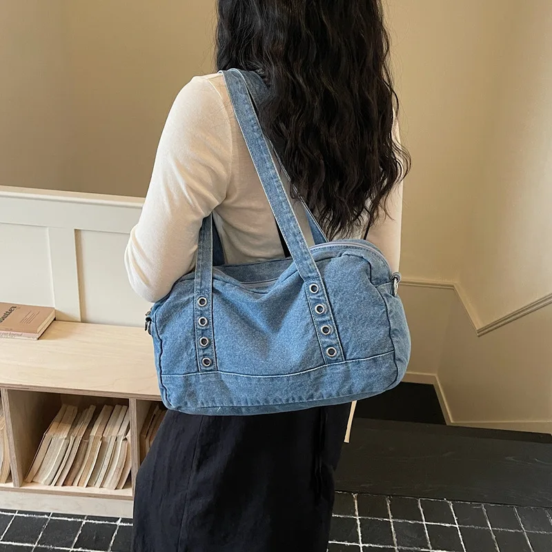 

Trend Rivet Denim Tote Bag for Women's 2026 New Vintage Large Capacity Women Shoulder Messenger Bag Commuter Fashion Handbag