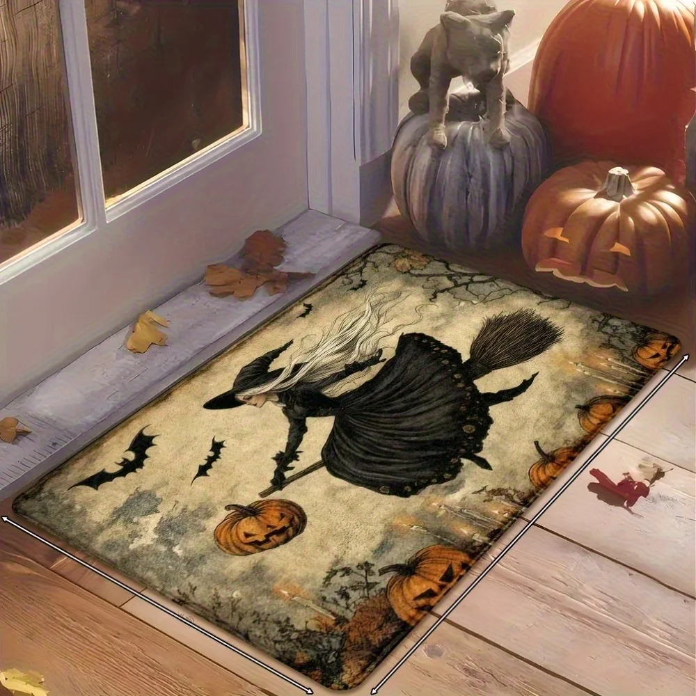 Retro Witch on Broom Halloween Welcome Mat Pumpkin Bat Pattern Vintage Style Indoor Front Door Decorative Floor Rug