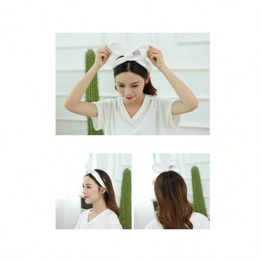 

Плюшевая повязка на голову с ушками кролика, с проволочным каркасом и декором в виде букв, для умывания и душа