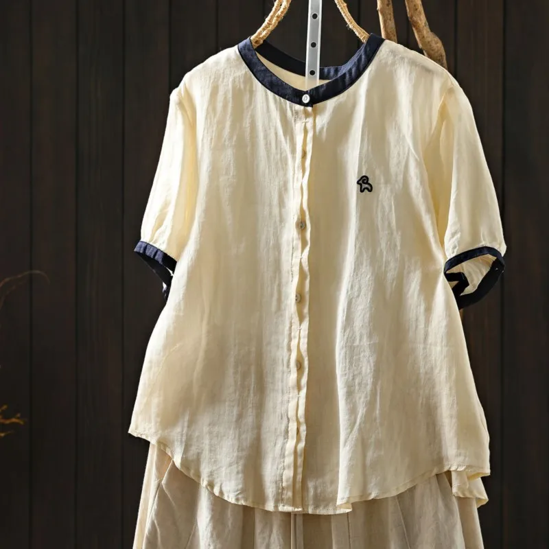 Johnature Women Vintage Ramie Shirts And Tops 2026 Summer New Casual O-Neck Short Sleeve Blouses Button Soft Female Shirts