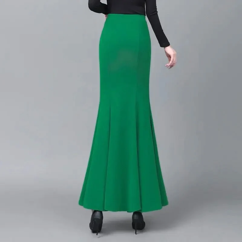 Autumn Winter Thick Patchwork Mermaid Trumpet Chenille Maxi Long Skirts Black Rosy Red Green Velvet Ankle Length Skirts