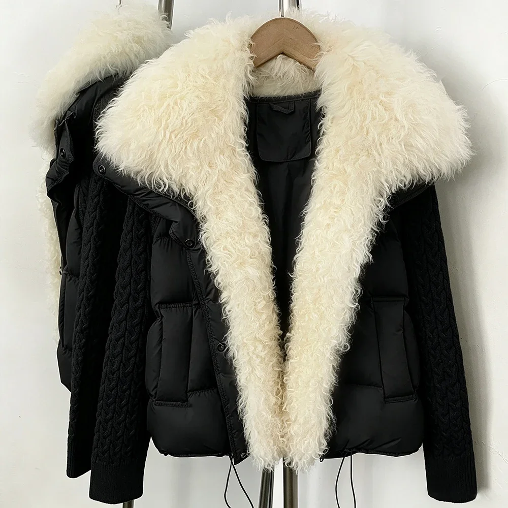 OFTBUY Damen Neue Winter Echt-Lammfellkragen Daunenjacke Natürlicher Pelz Enten-Daunenjacke Damen Mode Kurze Warme Oberbekleidung – Detail 6