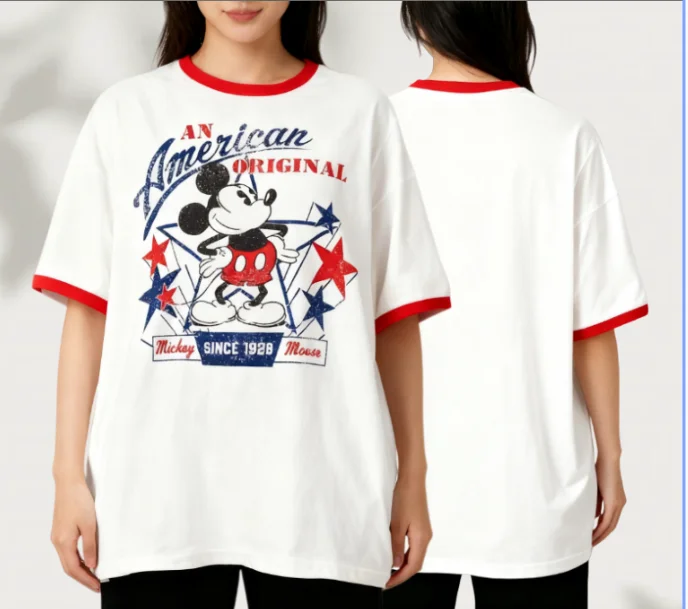 26 تي شيرت ديزني ميكي الصيفي الرياضي بأكمام قصيرة للجنسين عصري وعصري بألوان متباينة ونمط ريترو #1