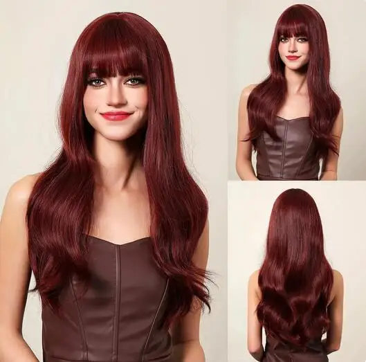 

Длинные вьющиеся синтетические парики винно-красного цвета, парик для косплея, парик с естественной волной с челкой для женщин, женский парик из термостойкого волокна в стиле "Лолита"