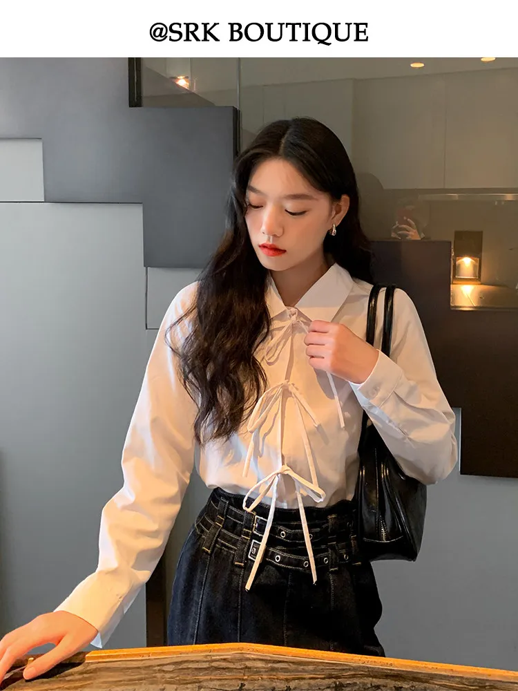 

Женская рубашка SRK Commute белого цвета, весна 2026, новая модель, с длинным рукавом, в французском стиле, прямого кроя, из смесового полиэстера и хлопка