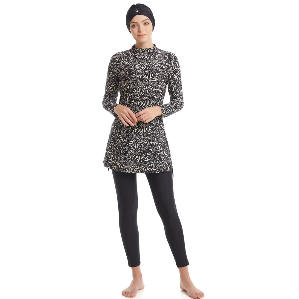 3pcs Muslim Swimwear Set for Women Burkini Femmes Glod Leaf Print Long Sleeve Swimsuit Slimming Modest Arabic Beachwear Surfwear