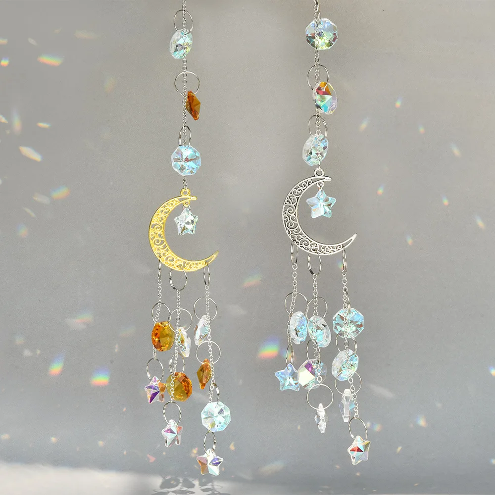 2026 New Silver & Gold Moon Star Crystal Decor, Light Catcher, Creative Hanging Ornament for Window