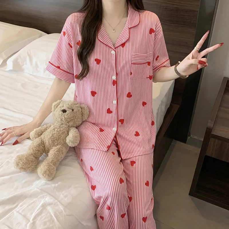 New Summer Women's Pajamas Casual Lazy Style Striped Ins Cardigan Wrinkled Short Sleeve Long Pants Heart Print Homewear Set