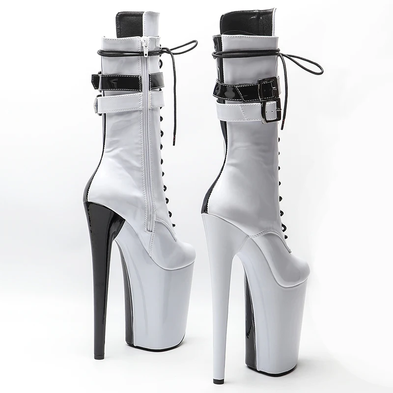 Leecabe 23CM/9inches Patent upper white color with black color Two color Mix Sexy boots High Heels Platform Pole Dance shoes