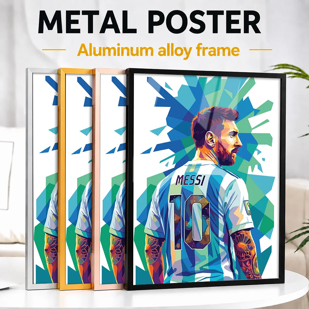 Lionel Messi Pop Portrait Framed Aluminum Metal Poster Personalized Geometric Illustration Wall Art For Bedroom, Soccer Fan Gift