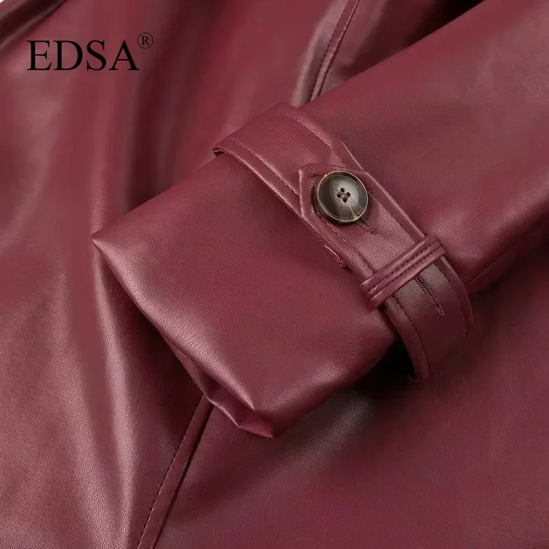 EDSA Women Luxury Faux Leather Jacket Coat with Belt for Autumn Winter Loose Long Windbreaker Trench Vintage Outerwear