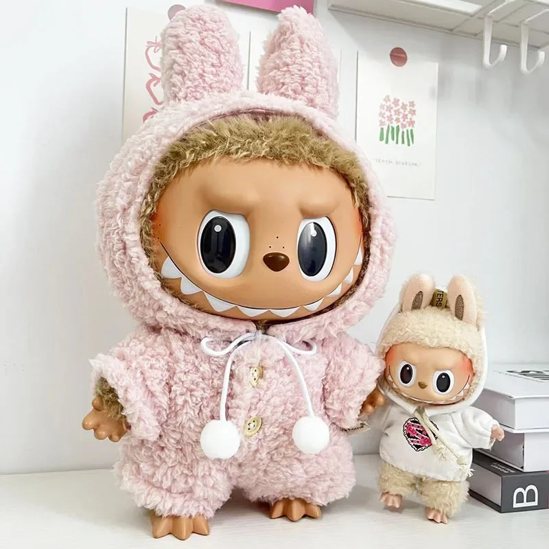 

only clohes 30cm Labubu Doll Clothes Pink Plush Jumpsuit Pink Rabbit Hat Labubu Doll Replacement Baby Clothes