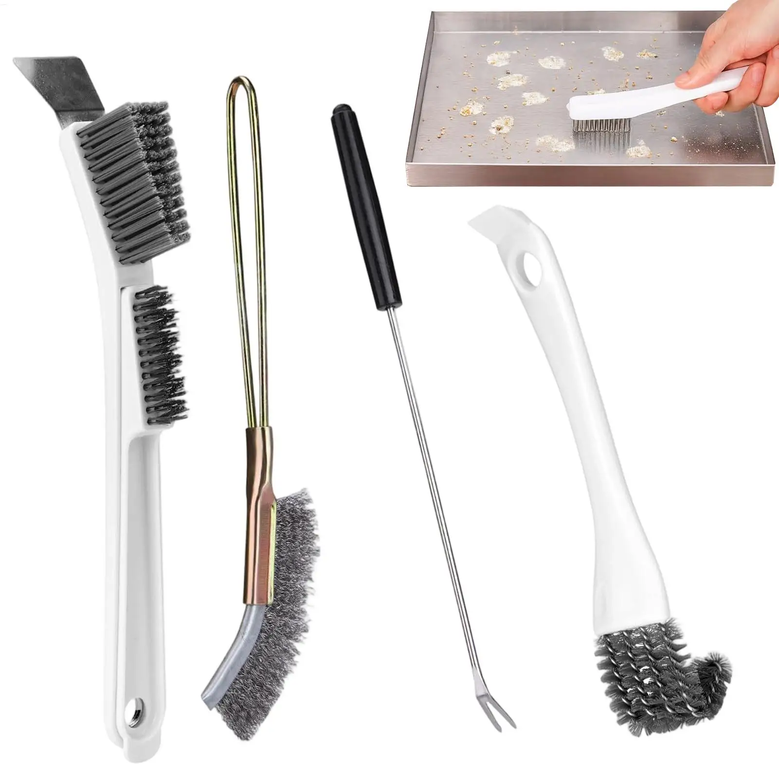 4Pcs Birdcage Cleaning Brush Set Long Handle Bird Poop Remover Cleaning Fork/ Wire Brush/ Elbow Copper Wire Brush For Pet Cage