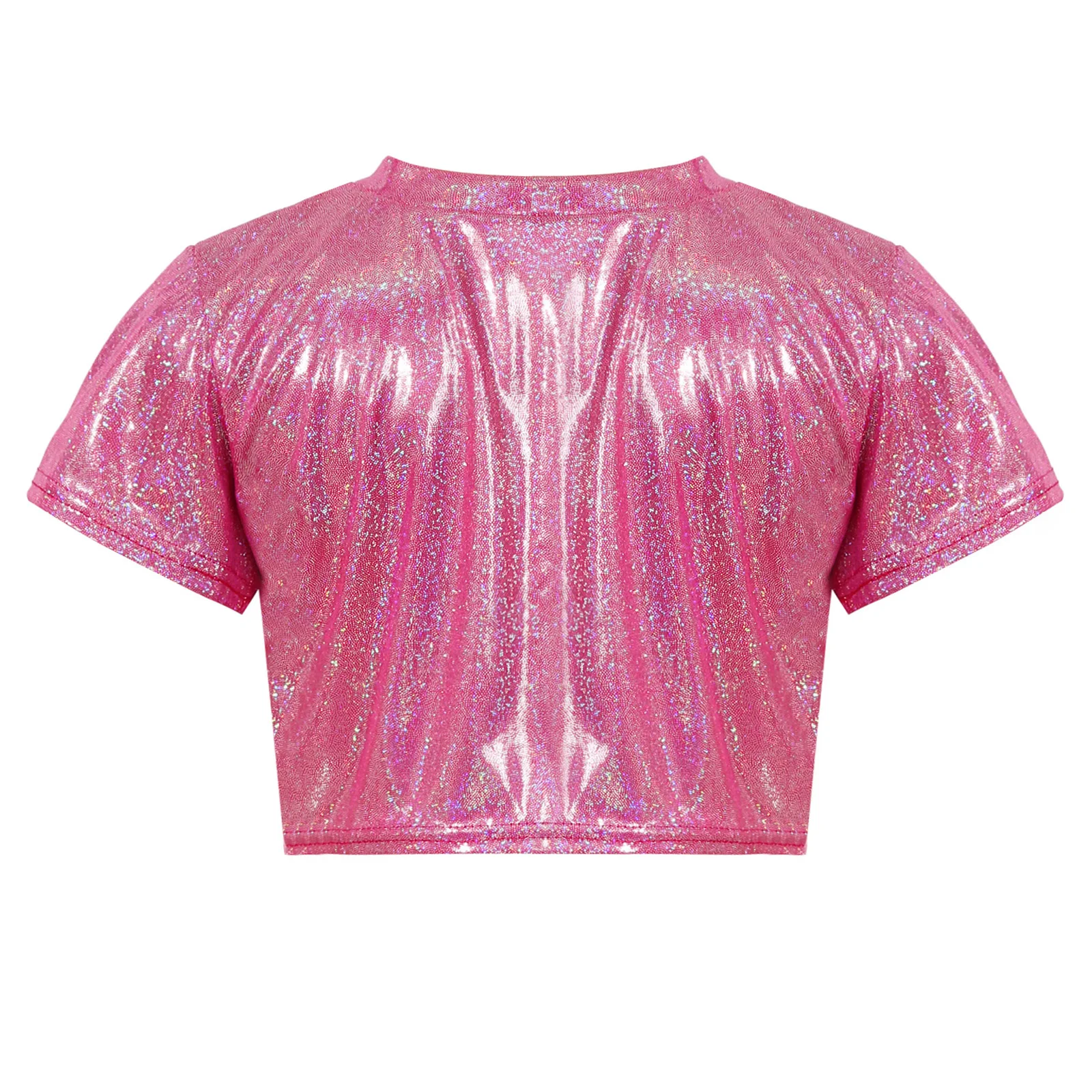 Kids Girls Boys Jazz Dancewear Shiny Metallic Tops Short Sleeve Crop Top T-shirt for Carnival Party Stage Performance Costume