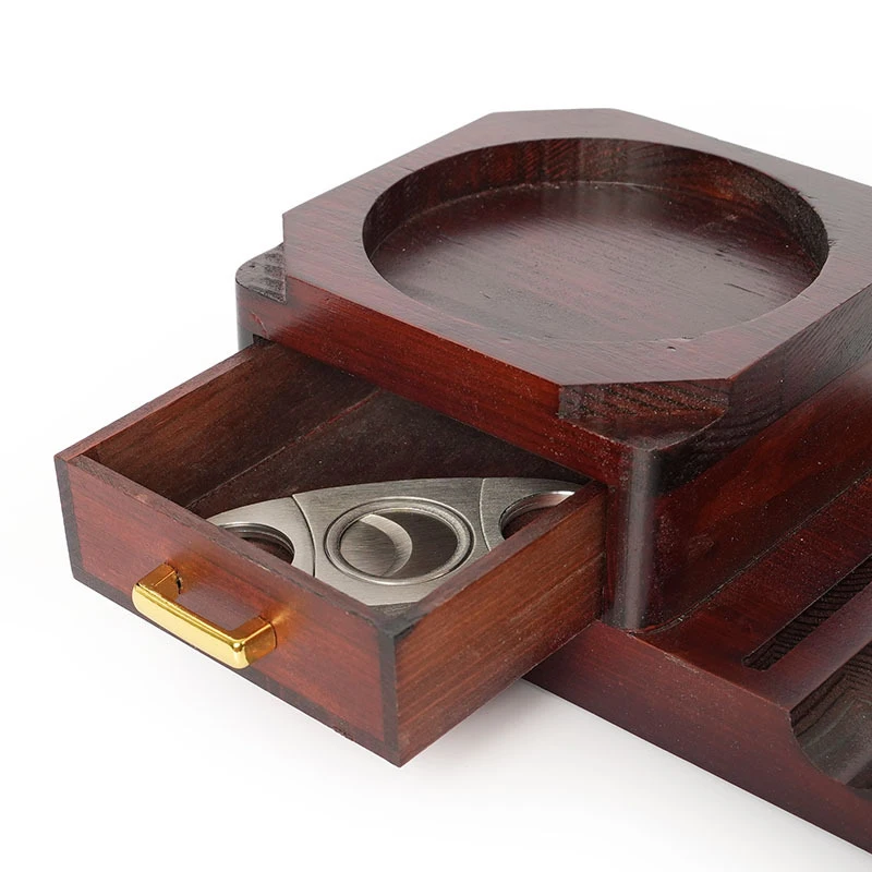 Wooden Cigar Ashtray with Drawer & Glass Holder - usage example