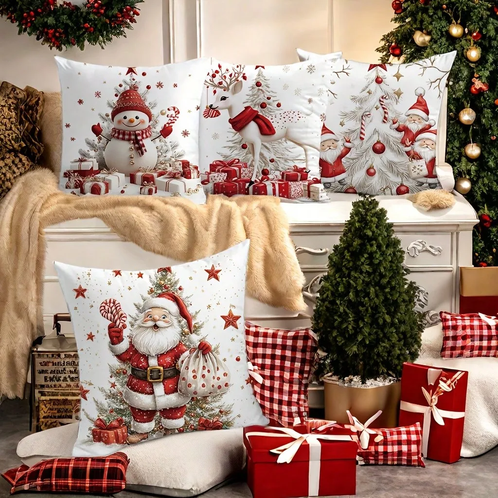 

Set Of 4 Christmas Throw Pillow Covers: Festive Printed Polyester Cases (17.72", Washable, No Insert)