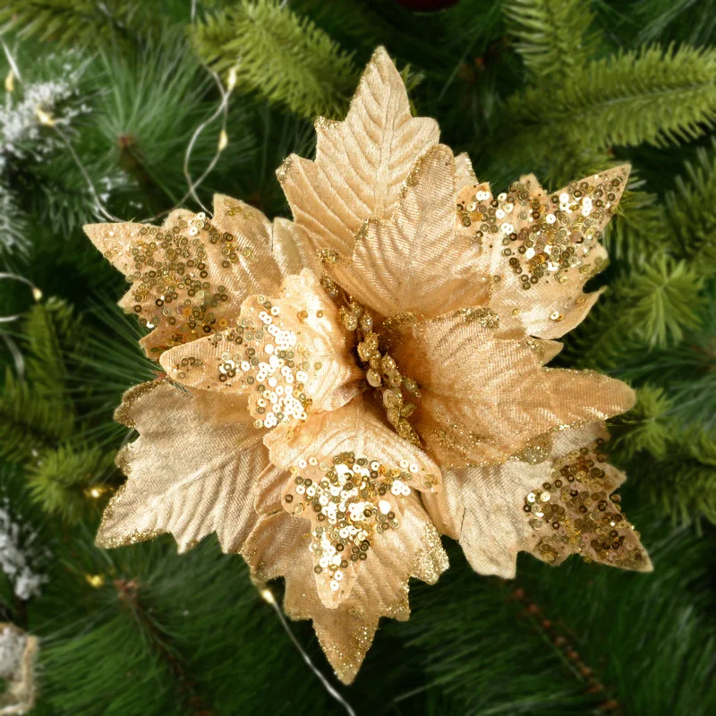 1-2Pcs 20/25cm Golden Artificial Christmas Flowers Sequin Glitter Fake Flower Xmas Tree Decoration Christmas Party New Year Gift